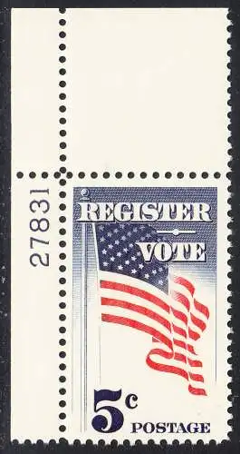 USA Michel 0863 / Scott 1249 postfrisch EINZELMARKE ECKRAND oben links m/Platten-# 27831 - Aufforderung zur Wahlbeteiligung; Flagge der USA