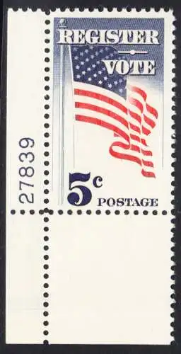 USA Michel 0863 / Scott 1249 postfrisch EINZELMARKE ECKRAND unten links m/Platten-# 27839 - Aufforderung zur Wahlbeteiligung; Flagge der USA
