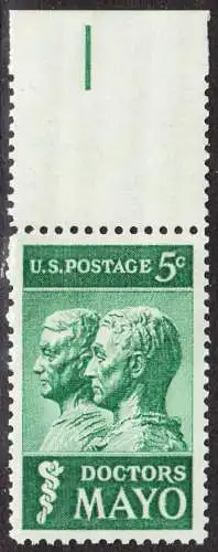 USA Michel 0865 / Scott 1251 postfrisch EINZELMARKE RAND oben (a2) - 25. Todestag der Brüder Mayo; Ärzte und Gründer der Mayo-Klinik in Rochester