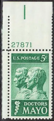 USA Michel 0865 / Scott 1251 postfrisch EINZELMARKE ECKRAND oben links m/ Platten-# 27871 - 25. Todestag der Brüder Mayo; Ärzte und Gründer der Mayo-Klinik in Rochester