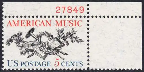 USA Michel 0867 / Scott 1252 mit Falzrest EINZELMARKE ECKRAND oben rechts m/ Platten-# 27849 - Amerikanische Musik; 50 Jahre Amerikanische Vereinigung der Komponisten, Textdichter und Verleger (ASCAP) 