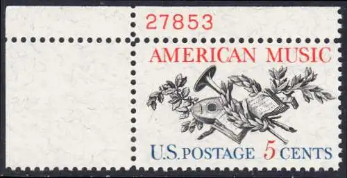 USA Michel 0867 / Scott 1252 postfrisch EINZELMARKE ECKRAND oben links  m/ Platten-# 27853 - Amerikanische Musik; 50 Jahre Amerikanische Vereinigung der Komponisten, Textdichter und Verleger (ASCAP) 