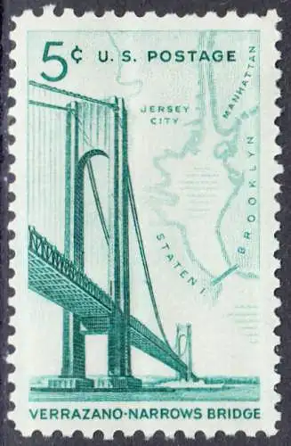 USA Michel 873 / Scott 1258 postfrisch EINZELMARKE (a2) - Fertigstellung der Verrazano-Narrows-Brücke: Verbindung zwischen Brooklyn und Staten Island; Landkarte der New York Bay