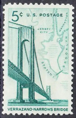 USA Michel 873 / Scott 1258 postfrisch EINZELMARKE (a3) - Fertigstellung der Verrazano-Narrows-Brücke: Verbindung zwischen Brooklyn und Staten Island; Landkarte der New York Bay
