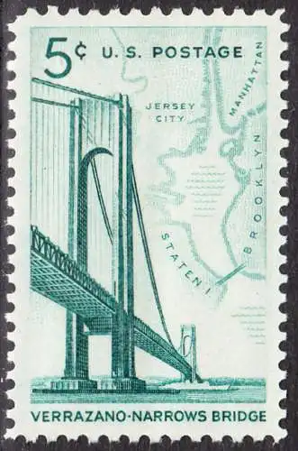 USA Michel 873 / Scott 1258 postfrisch EINZELMARKE (a4) - Fertigstellung der Verrazano-Narrows-Brücke: Verbindung zwischen Brooklyn und Staten Island; Landkarte der New York Bay