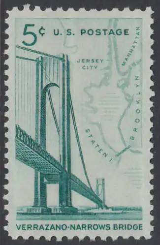 USA Michel 873 / Scott 1258 postfrisch EINZELMARKE (a5) - Fertigstellung der Verrazano-Narrows-Brücke: Verbindung zwischen Brooklyn und Staten Island; Landkarte der New York Bay