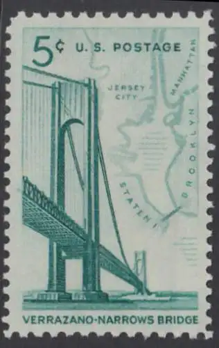 USA Michel 873 / Scott 1258 postfrisch EINZELMARKE (a6) - Fertigstellung der Verrazano-Narrows-Brücke: Verbindung zwischen Brooklyn und Staten Island; Landkarte der New York Bay