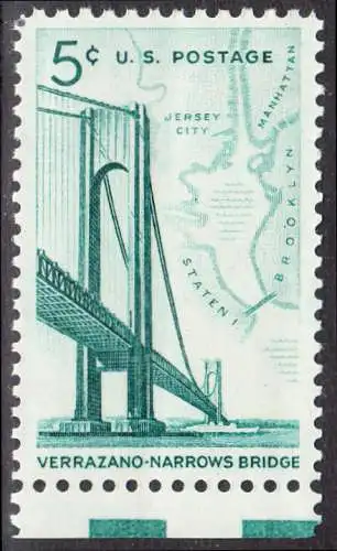 USA Michel 0873 / Scott 1258 postfrisch EINZELMARKE RAND unten (a2) - Fertigstellung der Verrazano-Narrows-Brücke: Verbindung zwischen Brooklyn und Staten Island; Landkarte der New York Bay
