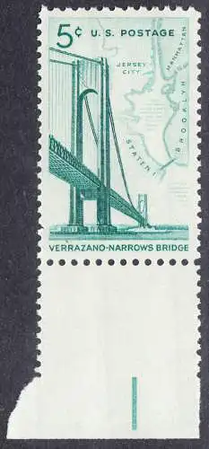 USA Michel 0873 / Scott 1258 postfrisch EINZELMARKE RAND unten (a3) - Fertigstellung der Verrazano-Narrows-Brücke: Verbindung zwischen Brooklyn und Staten Island; Landkarte der New York Bay