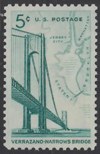 USA Michel 0873 / Scott 1258 Gummierung beeinträchtigt EINZELMARKE - Fertigstellung der Verrazano-Narrows-Brücke: Verbindung zwischen Brooklyn und Staten Island; Landkarte der New York Bay