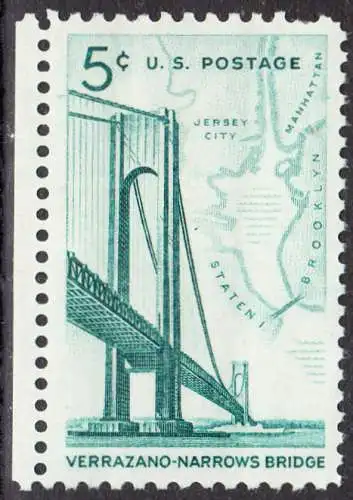 USA Michel 0873 / Scott 1258 postfrisch EINZELMARKE RAND links - Fertigstellung der Verrazano-Narrows-Brücke: Verbindung zwischen Brooklyn und Staten Island; Landkarte der New York Bay
