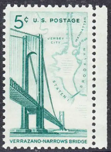 USA Michel 0873 / Scott 1258 postfrisch EINZELMARKE RAND rechts - Fertigstellung der Verrazano-Narrows-Brücke: Verbindung zwischen Brooklyn und Staten Island; Landkarte der New York Bay