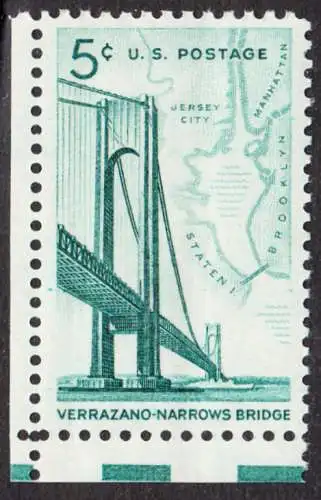 USA Michel 0873 / Scott 1258 postfrisch EINZELMARKE ECKRAND unten links - Fertigstellung der Verrazano-Narrows-Brücke: Verbindung zwischen Brooklyn und Staten Island; Landkarte der New York Bay
