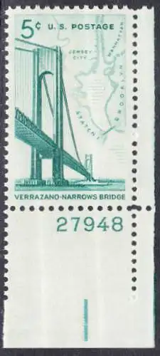USA Michel 0873 / Scott 1258 postfrisch EINZELMARKE ECKRAND unten rechts m/ Platten-# 27948 - Fertigstellung der Verrazano-Narrows-Brücke: Verbindung zwischen Brooklyn und Staten Island; Landkarte der New York Bay