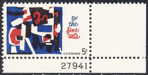 USA Michel 0874 / Scott 1259 postfrisch EINZELMARKE ECKRAND unten rechts m/ Platten-# 27941 - Schöne Künste: Melange of Squiggles; Lithographie von Stuart Davis 