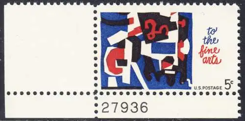 USA Michel 0874 / Scott 1259 postfrisch EINZELMARKE ECKRAND unten links m/ Platten-# 27936 - Schöne Künste: Melange of Squiggles; Lithographie von Stuart Davis 