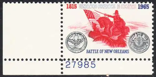 USA Michel 0876 / Scott 1261 postfrisch EINZELMARKE ECKRAND unten links m/Platten-# 27985 - Schlacht von New Orleans; General Andrew Jackson führt seine Truppen gegen die Engländer