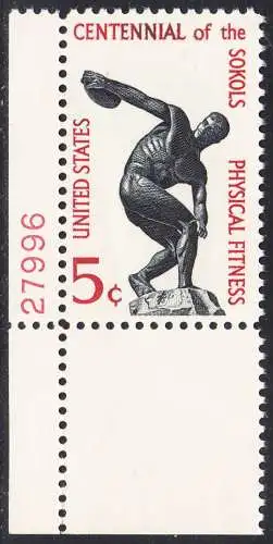 USA Michel 0877 / Scott 1262 postfrisch EINZELMARKE ECKRAND unten links m/ Platten-# 27996 - Sokol (Sport-)vereinigung in Amerika; Diskobol