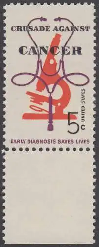 USA Michel 0878 / Scott 1263 postfrisch EINZELMARKE RAND unten - Krebsbekämpfung; Mikroskop und Stethoskop 
