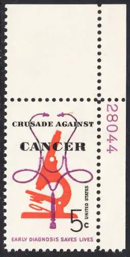 USA Michel 0878 / Scott 1263 postfrisch EINZELMARKE ECKRAND oben rechts m/Platten-# 28044 - Krebsbekämpfung; Mikroskop und Stethoskop 