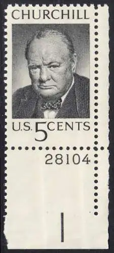 USA Michel 0880 / Scott 1264 postfrisch EiNZELMARKE ECKRAND unten rechts m/ Platten-# 28104  - Winston Spencer Churchill; britischer Politiker, Nobelpreis 1953
