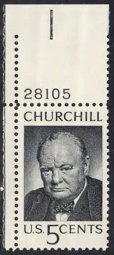 USA Michel 0880 / Scott 1264 postfrisch EiNZELMARKE ECKRAND oben links m/ Platten-# 28105 - Winston Spencer Churchill; britischer Politiker, Nobelpreis 1953