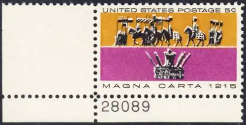 USA Michel 0881 / Scott 1265 postfrisch EINZELMARKE ECKRAND unten links m/Platten-# 28089 - 750. Jahrestag der Erklärung der Magna Carta