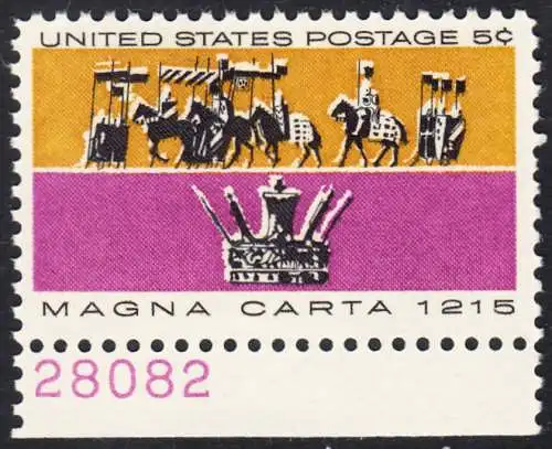USA Michel 0881 / Scott 1265 postfrisch EINZELMARKE RAND unten m/Platten-# 28082 - 750. Jahrestag der Erklärung der Magna Carta