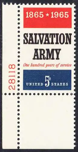 USA Michel 0883 / Scott 1267 postfrisch EINZELMARKE ECKRAND unten links m/ Platten-# 28118 - 100 Jahre Heilsarmee
