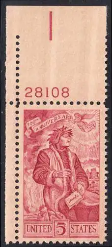 USA Michel 0884 / Scott 1268 postfrisch EINZELMARKE ECKRAND oben links m/Platten-# 28108 - Geburtstag von Dante Alighieri, italienischer Dichter