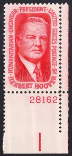 USA Michel 0885 / Scott 1269 postfrisch EINZELMARKE ECKRAND unten rechts m/Platten-# 28162 - Herbert Clark Hoover, 31. Präsident