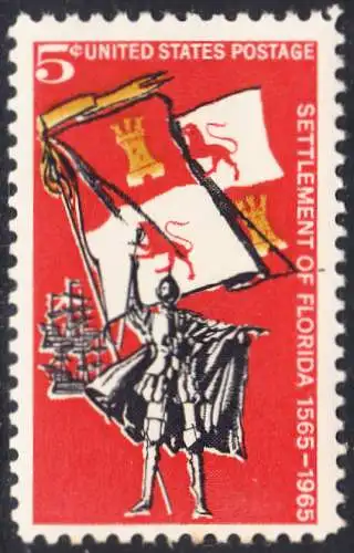 USA Michel 0887 / Scott 1271 postfrisch EINZELMARKE (a2) - 400. Jahrestag der Besiedelung von Florida: Gründung von St. Augustine; Spanischer Eroberer, Flagge und Segelschiff (16. Jh.)