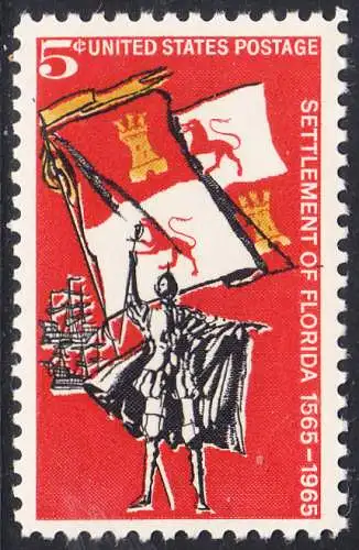 USA Michel 0887 / Scott 1271 postfrisch EINZELMARKE (a3) - 400. Jahrestag der Besiedelung von Florida: Gründung von St. Augustine; Spanischer Eroberer, Flagge und Segelschiff (16. Jh.)