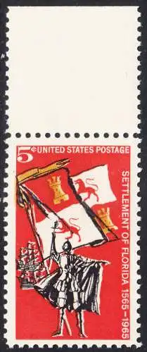 USA Michel 0887 / Scott 1271 postfrisch EINZELMARKE RAND oben (a2) - 400. Jahrestag der Besiedelung von Florida: Gründung von St. Augustine; Spanischer Eroberer, Flagge und Segelschiff (16. Jh.)
