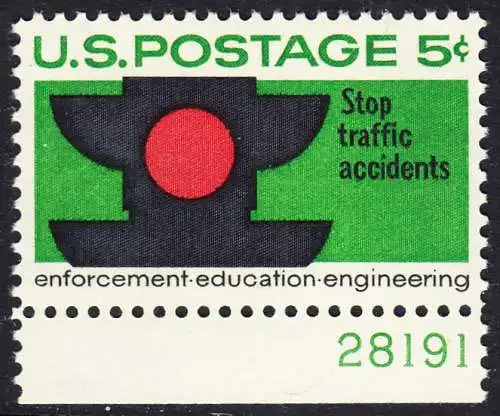 USA Michel 0888 / Scott 1272 postfrisch EINZELMARKE RAND unten m/ Platten-# 28191 - Verkehrssicherheit: Verkehrsampel