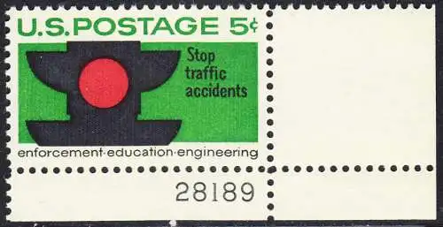 USA Michel 0888 / Scott 1272 postfrisch EINZELMARKE ECKRAND unten rechts m/ Platten-# 28189 - Verkehrssicherheit: Verkehrsampel