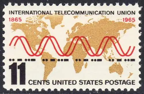USA Michel 0890 / Scott 1274 postfrisch EINZELMARKE (a2) - Internationale Fernmeldeunion (ITU): Radiowellen und Morsezeichen („ITU“) vor Weltkarte