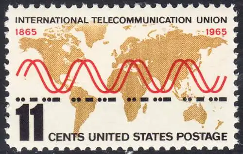 USA Michel 0890 / Scott 1274 postfrisch EINZELMARKE (a3) - Internationale Fernmeldeunion (ITU): Radiowellen und Morsezeichen („ITU“) vor Weltkarte