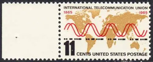 USA Michel 0890 / Scott 1274 postfrisch EINZELMARKE RAND links (a2) - Internationale Fernmeldeunion (ITU): Radiowellen und Morsezeichen („ITU“) vor Weltkarte