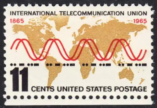USA Michel 0890 / Scott 1274 postfrisch EINZELMARKE RAND unten (a2) - Internationale Fernmeldeunion (ITU): Radiowellen und Morsezeichen („ITU“) vor Weltkarte