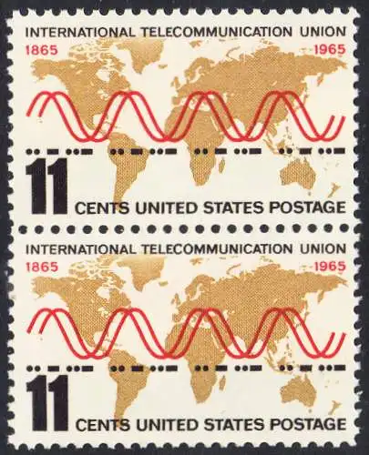 USA Michel 0890 / Scott 1274 postfrisch vert.PAAR - Internationale Fernmeldeunion (ITU): Radiowellen und Morsezeichen („ITU“) vor Weltkarte