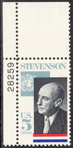 USA Michel 0891 / Scott 1275 postfrisch EINZELMARKE ECKRAND oben links m/Platten-# 28259 - Adlai Ewing Stevenson, Politiker