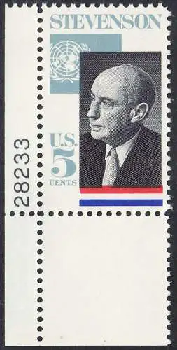 USA Michel 0891 / Scott 1275 postfrisch EINZELMARKE ECKRAND unten links m/Platten-# 28233 - Adlai Ewing Stevenson, Politiker