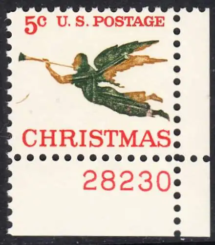 USA Michel 0892 / Scott 1276 postfrisch EINZELMARKE ECKRAND unten rechts m/Platten-# 28230 - Weihnachten, Erzengel Gabriel