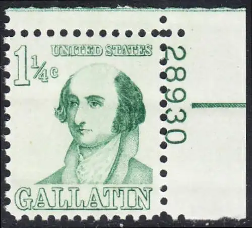 USA Michel 0915 / Scott 1279 postfrisch EINZELMARKE ECKRAND oben rechts m/ Platten-# 28930 - Berühmte Amerikaner: Albert Gallatin, Diplomat
