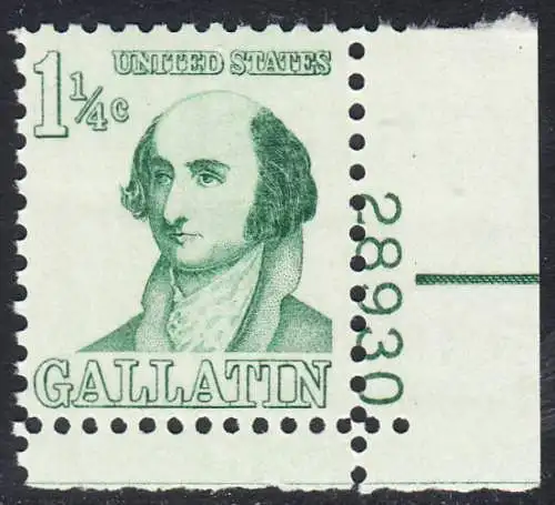 USA Michel 0915 / Scott 1279 postfrisch EINZELMARKE ECKRAND unten rechts m/ Platten-# 28930 - Berühmte Amerikaner: Albert Gallatin, Diplomat