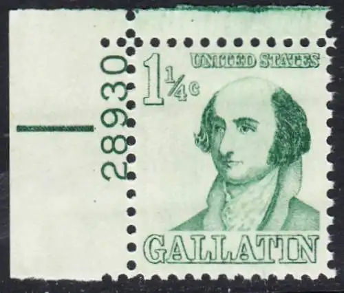 USA Michel 0915 / Scott 1279 postfrisch EINZELMARKE ECKRAND oben links m/ Platten-# 28930 - Berühmte Amerikaner: Albert Gallatin, Diplomat