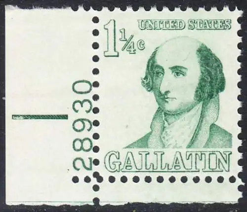 USA Michel 0915 / Scott 1279 postfrisch EINZELMARKE ECKRAND unten links m/ Platten-# 28930 - Berühmte Amerikaner: Albert Gallatin, Diplomat