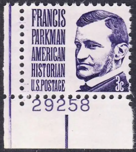 USA Michel 0929 / Scott 1281 postfrisch EINZELMARKE ECKRAND unten links m/ Platten-# 29258 - Berühmte Amerikaner: Francis Parkman, Historiker