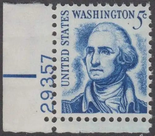 USA Michel 0937A / Scott 1283B postfrisch EINZELMARKE ECKRAND unten links m/ Platten-# 29357 - Berühmte Amerikaner: George Washington, 1. Präsident 